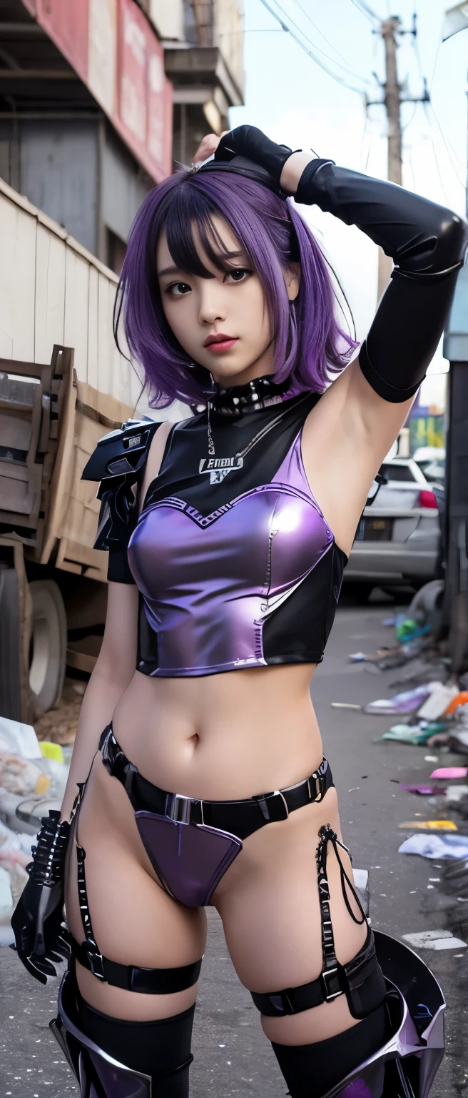 Gorgeous punk idol girl、whole body、Good style、、、、、、、、、、Thick legs、、、Shiny purple and gunmetal junk armor suit、Cool girl face、、、、Glowing garbage dump