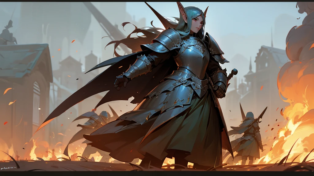 An elven army in heavy armor marches across burning fields