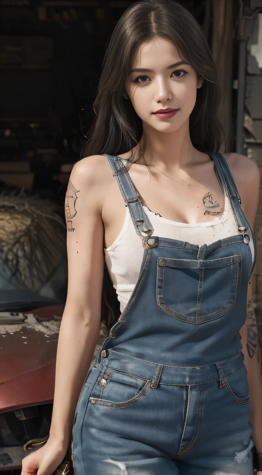 ((best quality)), ((masterpiece)), (detailed), mesmerizing and alluring female mechanic covered in grease,Confident smile，(Dirty and rugged charm:1.2), (tough and confident demeanor:1.1), (mechanical expertise:1.3), disheveled hair, smudged face with a playful smirk, stained overalls clinging to her curves, (gritty tools of the trade:1.2), cluttered repair shop, scattered car parts, (authentic automotive ambiance:1.2), (intense gaze:1.1), gripping a wrench in her dirty hands, 8k resolution,looking at another, looking away,( tattoo:1.2), masterpiece, best quality,Photorealistic, ultra-high resolution, photographic light