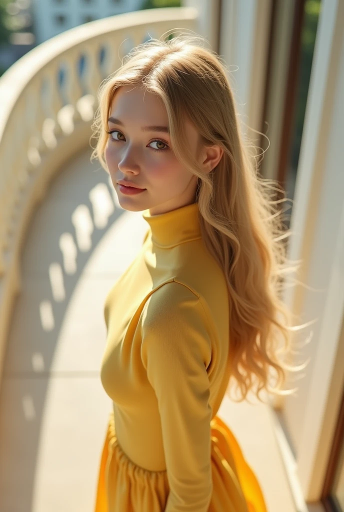 beautiful dark horse blonde , beautiful woman wearing a yellow sweater "old money style "(inside a modern cafe at sunset), very detailled, 21 years old, innocent face, long natural wavy blonde hair, high resolution, work of art, best qualityer,details Intricate, highy detailed,sharp focus, skin detailed,realisitic skin texture,texture, detailed green eyes, proffesional, 4K, charmer smile, filmed in canon, 85 mm,Shallow depth of field,kodak vision color, perfect shape body, extremely detaild, photoshot_\(ultra\), photoshotrealisitic, realisitic, Post-processing, maximum detail, roughness, real-life, sensuous, ultra realisitic, photoshotrealism, photoshotgraphy, 8k hd, photoshotgraphy