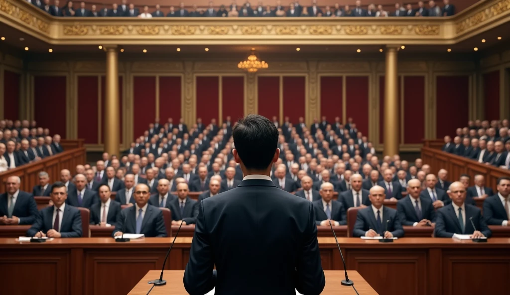 A young Asian man in a suit is speaking to politicians from various countries sitting in their seats in a huge lecture hall.,Politicians from all over the world are looking at men,No flags appear
