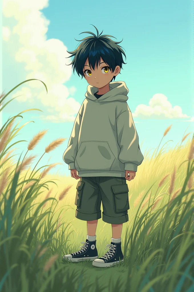 Japanese young boy wearing an oversized sweater. The sleevers hide his hands. He is wearing a cargo short and converse. The boy have short black and blue messy hair. He have yellow and black eyes. He stands in the middle of the grass a windy day 