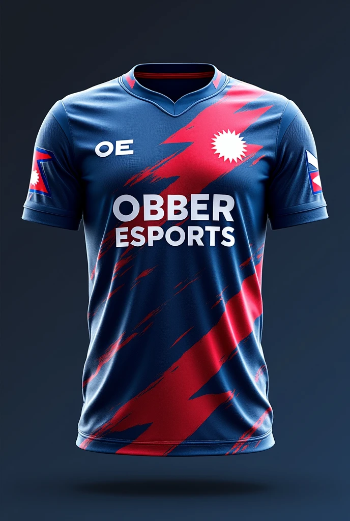 Creat a esports jersey with the logo of OE IS RIGHT OP .with best color designe.make nepal flag designe jersey as overlay.and also wirte obber esports in middle with matching color.and also add some matching spray color.make OE LOGO IN right top .in icy and white color