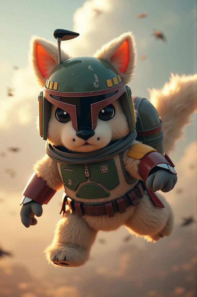 I want an image of Boba Fett with furry features, ears on helmet, fluffy tail and flying with his jetpack