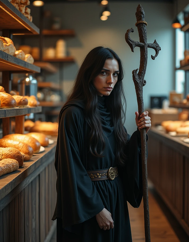 dissatisfied sorceress in a bakery, aesthetic photo