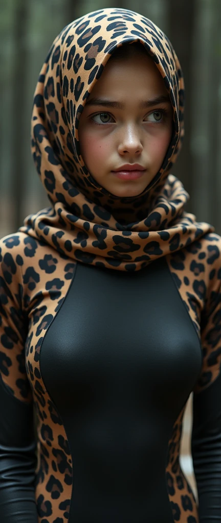 The beautiful,thin and clever asian muslimah adult girl with beautiful cheeks wears leopard margay print lycra turtleneck unitard catsuit covered with stripes and leopard margay print lycra elastane stretchy dancewear shawl hijab covered with stripes.She is crying in the cage.