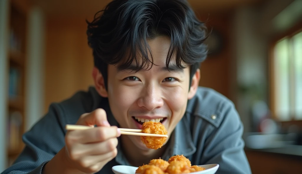 A Japanese male college student wearing fashionable clothes is eating takoyaki with chopsticks with a cheerful expression,Excited, Photo of your face, In a room of an old house, with a natural look, With a slightly tired look, tilt your face a little, Diagonal orientation, Average face