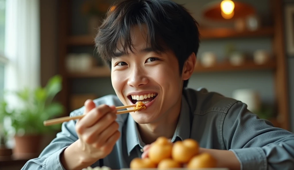A Japanese male college student wearing fashionable clothes is eating takoyaki with chopsticks with a cheerful expression,Excited, Photo of your face, In a room of an old house, with a natural look, With a slightly tired look, tilt your face a little, Diagonal orientation, Average face