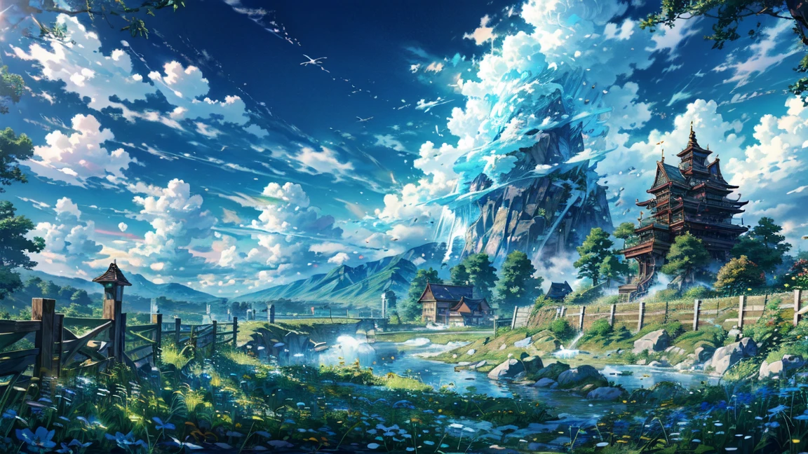 Leviathan flying in the blue sky,Imagine,a peaceful day, Detailed clouds, Place, Grazing cows, flower, House in the distance, Fence, wood,Excellent