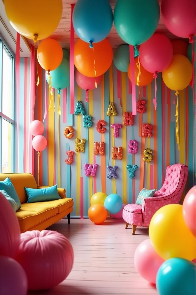 Decorating the Room:
A room decorated with colorful balloons, streamers, and banners, with the letters of the alphabet helping to decorate.