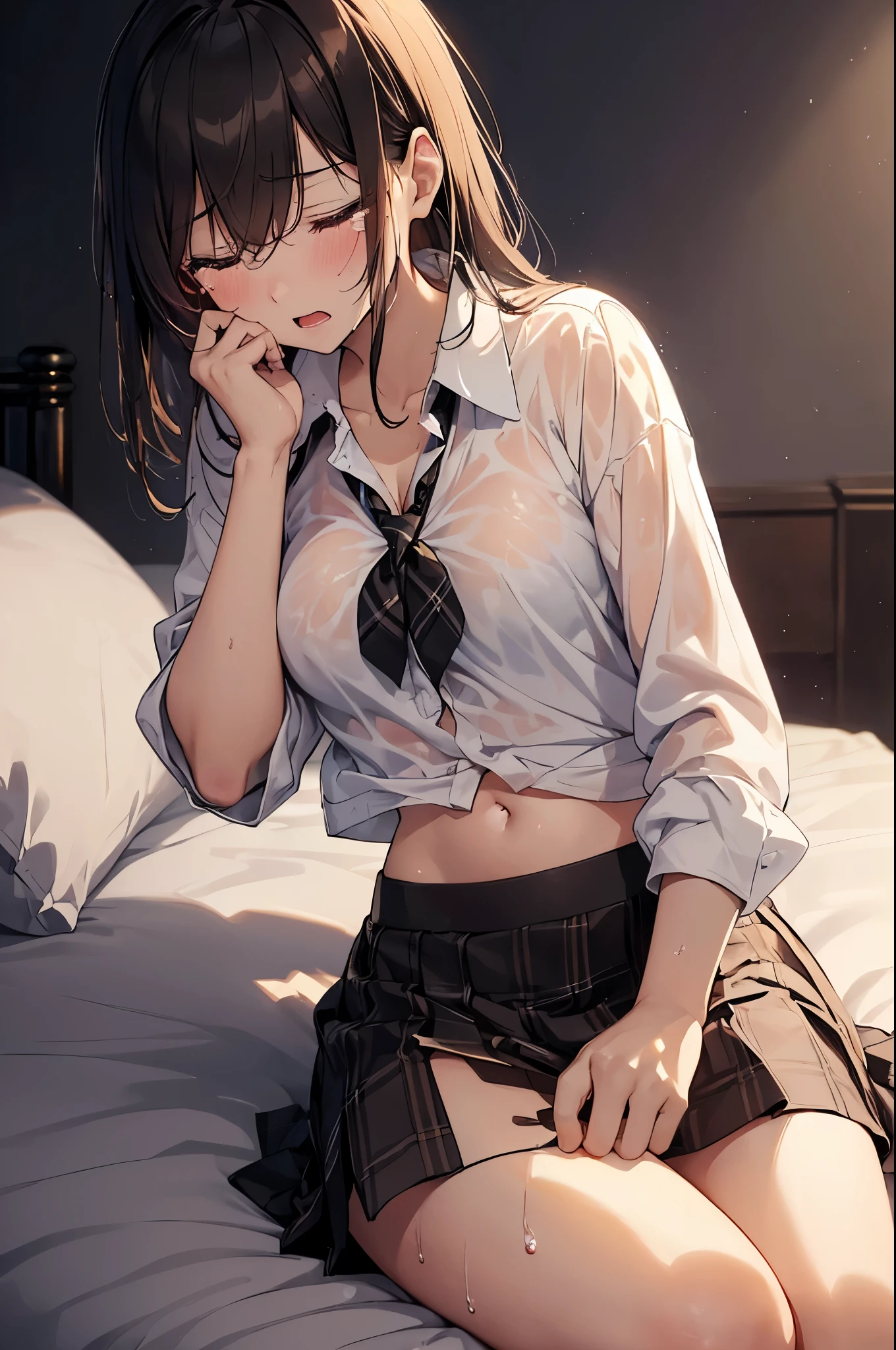 ((sitting bed)), ((girl crying loudy)), ((((girl cry a lot)))), ((((opened mouth)))), (closed eyes), ((((hand Rubbing one's eyes)))), (((Tearful expression))), ((((many tears)))),
   ((Highschool uniform)), (white shirt), (see-through), (short sleeves), (waist skirt), (Black plaid skirt), (((undressing shirt))), (((open buttons shirt))), (((Half-naked))), ((breast cleavage)), ((stomach)), 
   (((cum (semen), (sperm), ((on body))))),  ((bed room)), (night lamp), (((darkened room))),(sweat), (wet skin), ((erotic)), ((sensual)), (((simple background))), (Close-up of a girl), warm color scheme, Extremely exquisite body, beautiful detailed glow, cinematic lighting, 4K illustration, masterpiece, best quality, by top artist, by famous artist, by plo artist, Authentic shiny skin texture, Soaked skin, radiant skin,