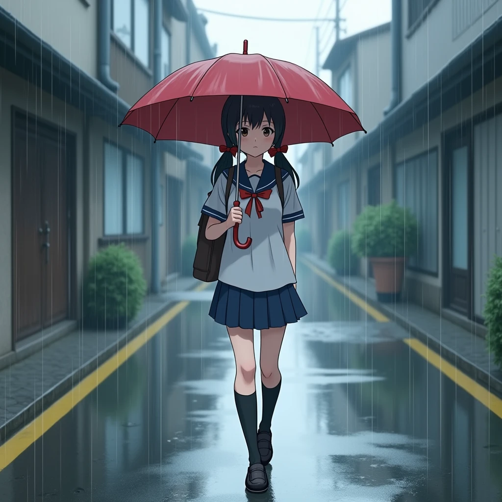 Anime Style, A girl walking, Holding an umbrella, Troubled face,
The girl is wearing a white sailor suit with short sleeves and a navy collar, with a blue ribbon., Wearing a navy blue skirt, 
Wearing black high socks, Wearing loafers.
Her hair is very long and black, with low twin tails and red ribbons..
Not high pigtails, Not half-up,
Open red umbrella, School Bags,
Late teens, Small breasts, Has dark brown eyes.
puddle, Sidewalk, pavement, Japan roads, Tokyo, Town, building, Apartment,
heavy rain, Outdoor, from front.