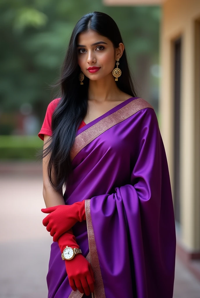 Saree, 1girl, solo, long hair, black hair, long sleeve blouse, wearing red gloves inside the blouse, white rolex watch on left hand, traditional, dress, dab jewelry, earrings, outdoors, blurry, looking to the side, purple dress, realistic, 