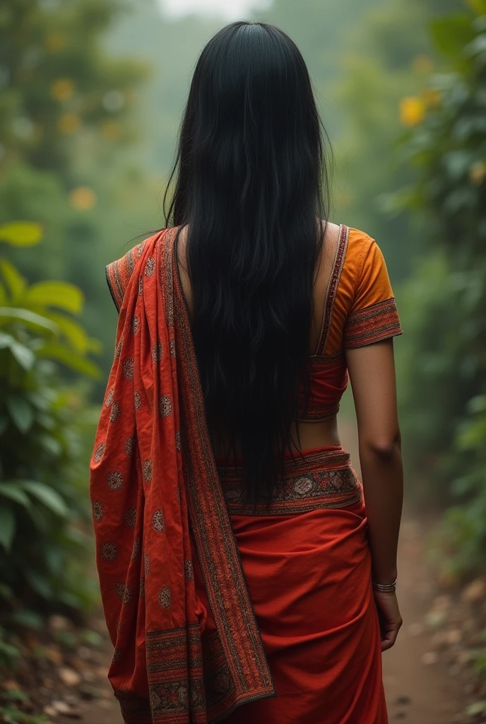 Back side of nepali girl putting sare