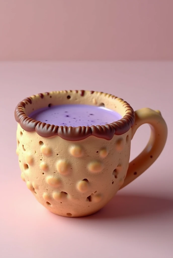 (photorealism:1.2), cookie cup without handle. cup has coffee and taro foam, The cup is of vainilla cookie and has chocolate around the mouth of the cup. The chocolate must be melted just in the contour of the mouth of the cup. The foam muste be purple like the taro. The cup not has a handle.