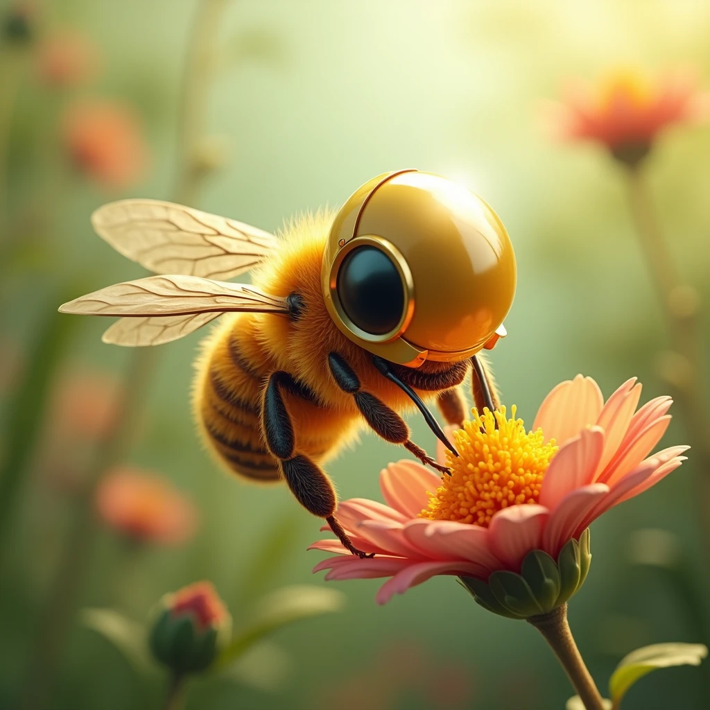 Honey bee wearing helmet  and collect honey from flower