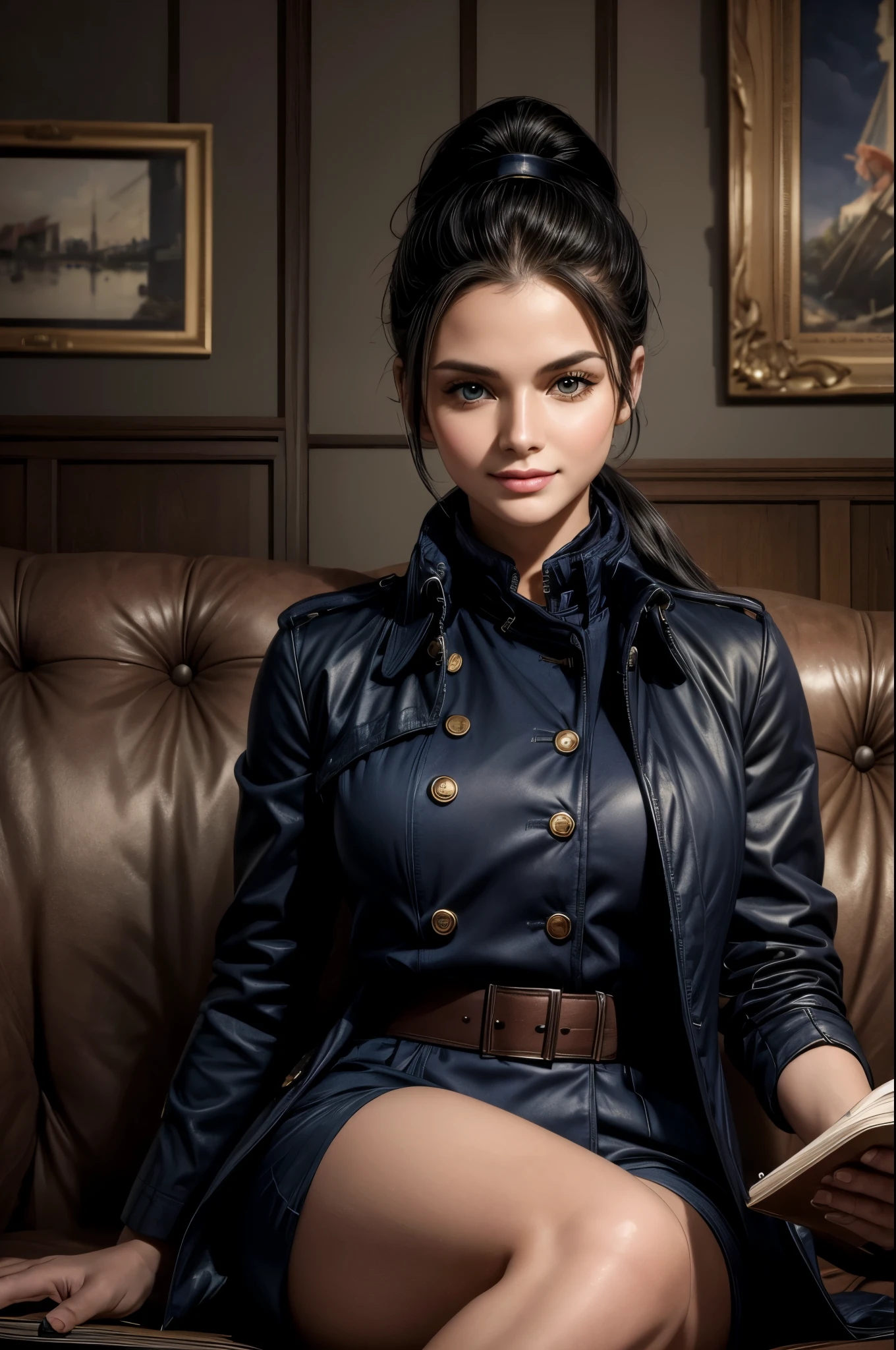 masterpiece, best quality, extremely detailed, hyperrealistic:1.1, photorealistic, a beautiful 20s russian model, ultra detailed face:1.1, sunglasses on head:1.1, navy trench coat, shorts, high pony tail, black hair, dynamic angle, dynamic pose, in the modern room, sitting, reading book, holding paper:1.1, sly smile