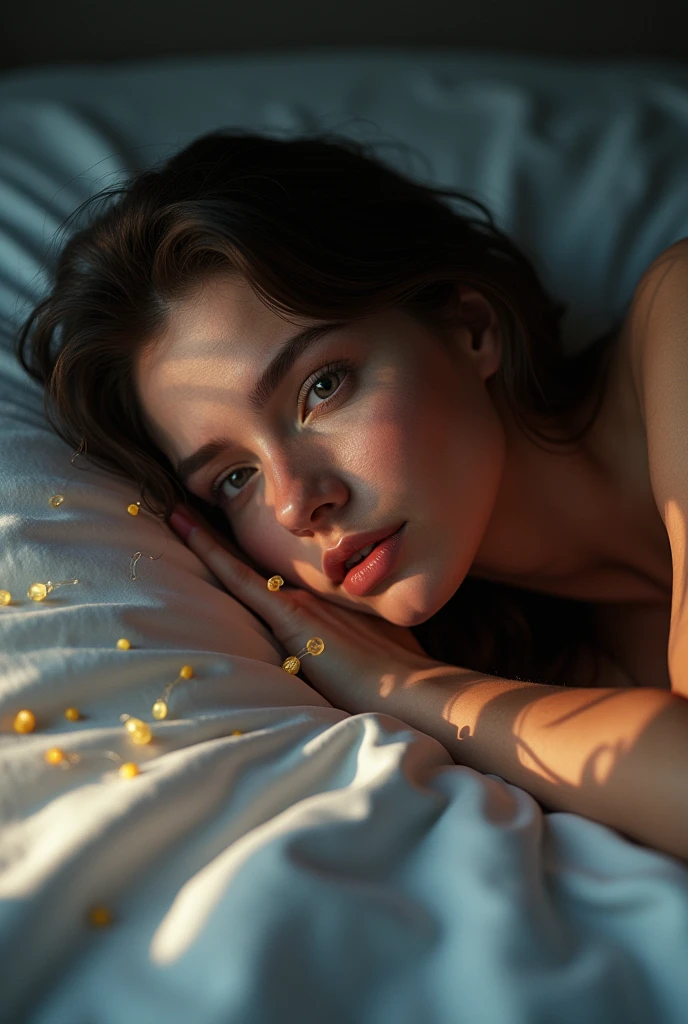 a beautiful girl lying on bed, condoms filled with cum floating around her, detailed face, intricate details, photorealistic, 8k, hyper detailed, realistic, detailed skin, high quality, masterpiece, gorgeous lighting, cinematic shot, dramatic lighting, dramatic colors, surreal, dreamlike, ethereal