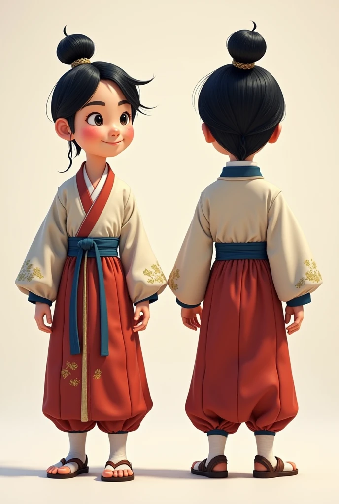 Create a two-part image of the front and back view of a Pixar-style character design.. The character trait is that of a Korean warrior., He has black hair and a topknot., He has a playful and lively impression., The clothes are Hanbok, a traditional Korean costume., The style of Hanbok is not too flashy and is rather plain., 그리고 이미지의 포즈는 T pose로 해줘, T pose, Design drawing style