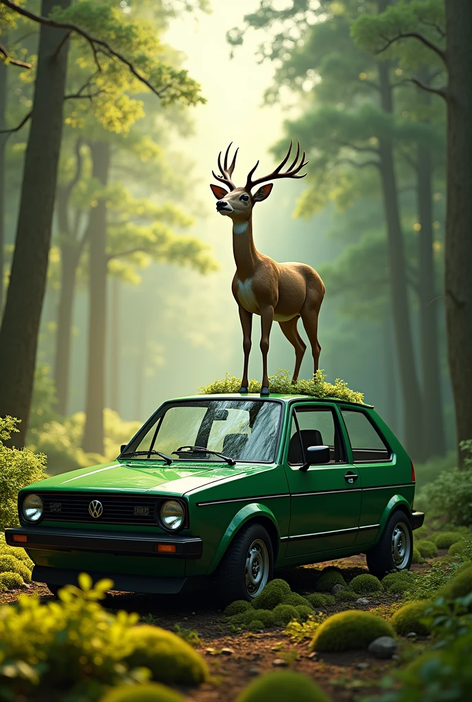 Green volkswagen golf in the forest and a deer on it