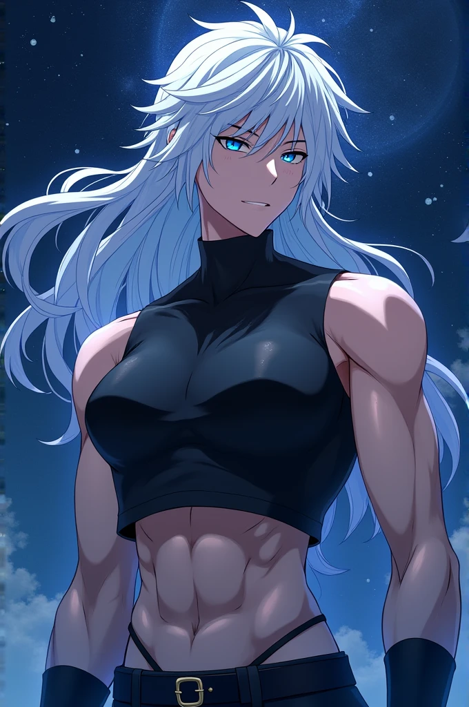 Create a woman she has long straight white hair, 5 white Kitsune tails, has blue eyes, and an extremely serious face, has a well-muscled body with voluminous thighs and medium breasts, make her shirtless showing her breasts with several blue energy tattoos on her body, Your pants are dark, and your muscles are showing, she has a serious look and white fox ears, dark pants and his physique is muscular 
