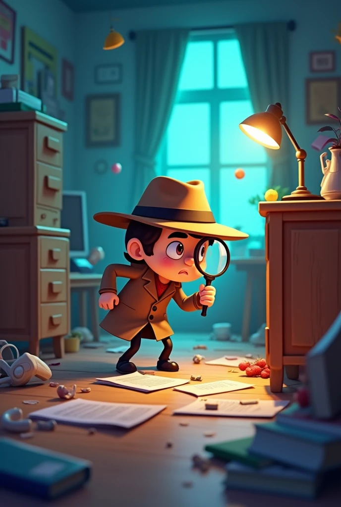 Picture of a clever and hidden detective human cartoon at a crime scene where the room is become a mess and everything is fallen around and he is using his magnifying glass to search for clues