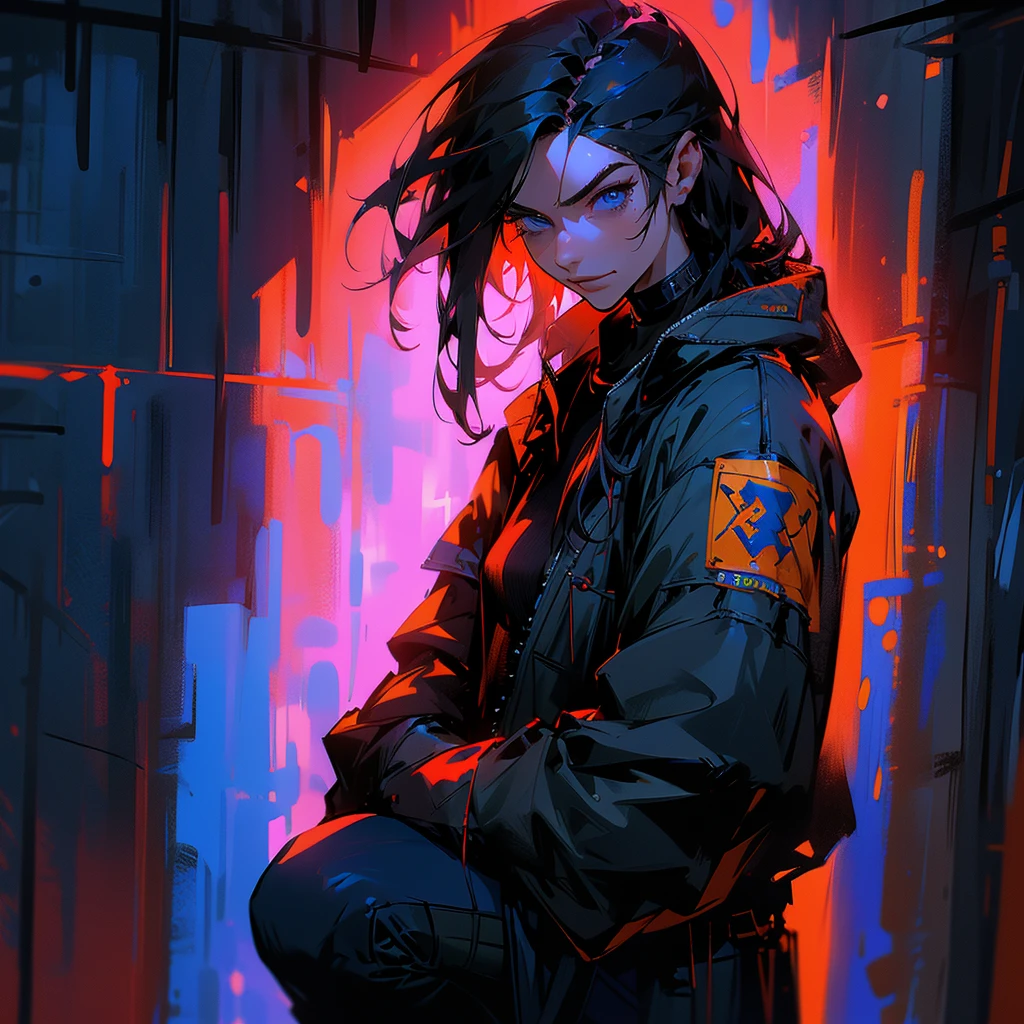 black hair, long hair, straight hair, male, man, blue eyes, tall, wiry, jacket, choker, armband, long boots, belt, waist pouch, with a black bandage, delicate facial features, toned, cyberpunk, inside, in the subway, determined, half body photo, upper body, face, write smile