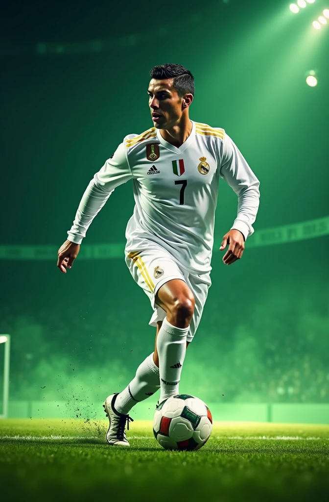 A striking image for the cover of a YouTube channel about football and Cristiano Ronaldo could include a dynamic action of the player, with his iconic number 7 prominently displayed. Vibrant colors like the green of the field and the white of your team would enhance the excitement of football.