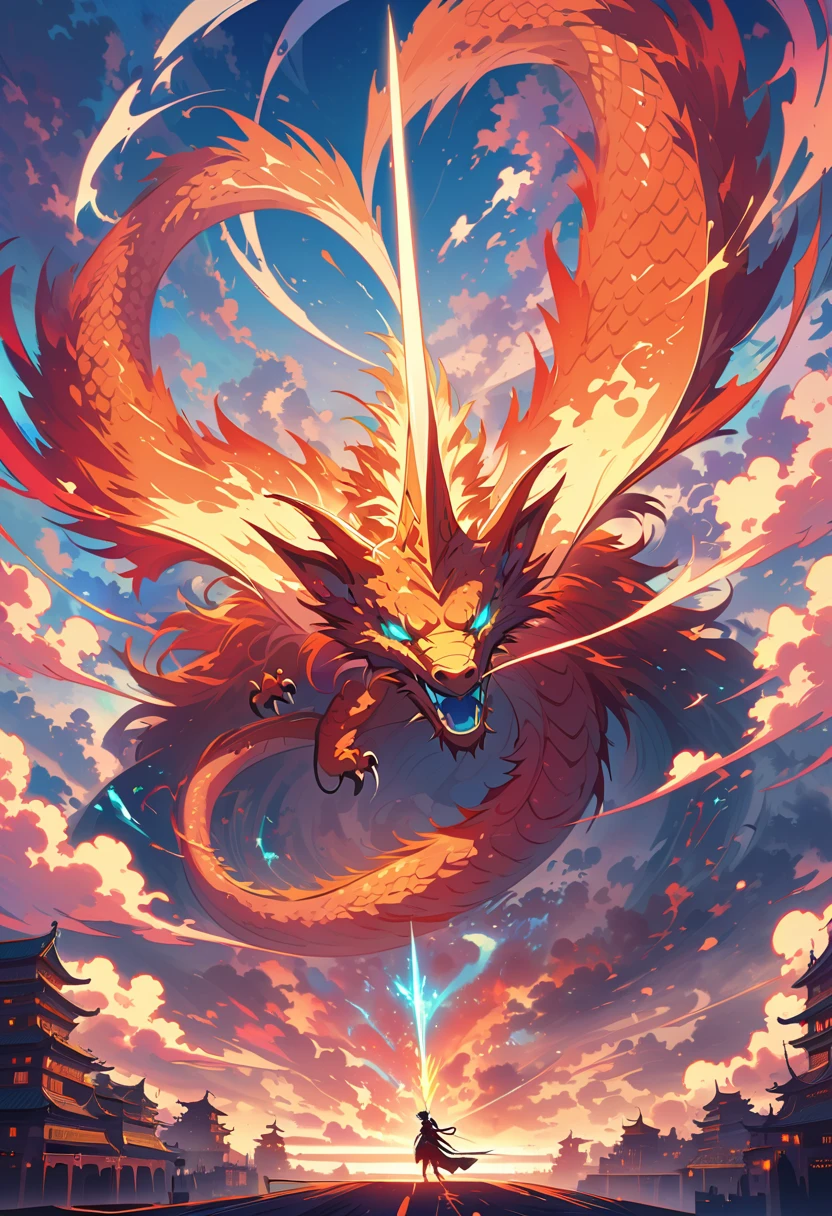 A majestic Chinese dragon soaring in the sky with its mouth open and glowing eyes, holding an energy sword. High resolution with buildings below and colorful clouds floating behind it. Exquisite details in a fantasy art style with a soft light and majestic atmosphere. The perspective composition shows a full body shot of the dragon in the style of anime or cartoon.