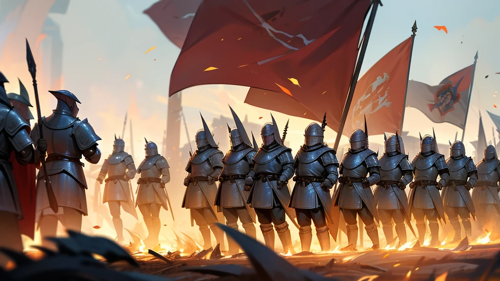 photorealistic, (hyperrealistic:1.2), beautiful, masterpiece, best quality, perfect lighting, (colorful),cinematic lighting,extremely detailed CG unity 8k wallpaper,, <lora:jkrz - JakubRozalskiStyle2:1>, jkrz, weapon, armor, sword, shield, holding, holding weapon, helmet, grass, multiple others, banner, holding sword, outdoors, polearm, flag, standing, bird, multiple boys, holding shield, full armor, grey sky, shoulder armor, spear, gauntlets, sky, knight, sheath, blood, holding polearm, cloud
