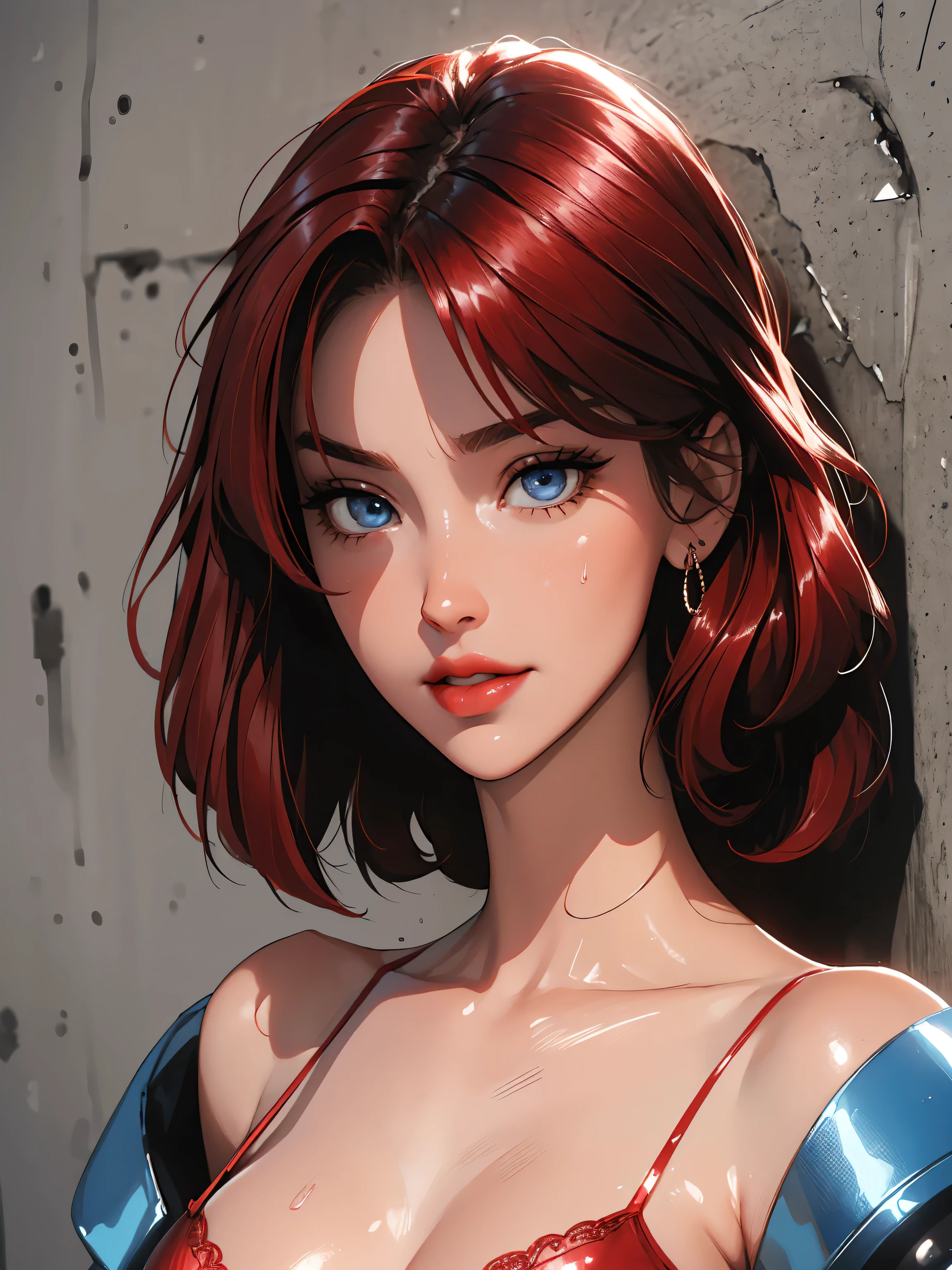 1girl,a beautiful fashion model ,(masterpiece, detailed background, best quality),short and shiny hair, red hair, hair with highlights, bangs, smirk,juicy lips,red lips, calmart, lingerie, stripping, elegant makeup, blue eyes, full body shot, (shiny skin), cyberpunk, sci fi, boa, extravagant jewelry, cocky expression, covered in jewelry, fancy, club outfit, shiny skin, wet skin. running hand through hair, leaning on wall, hair flip, sweat, dj, lights, beat spins you round