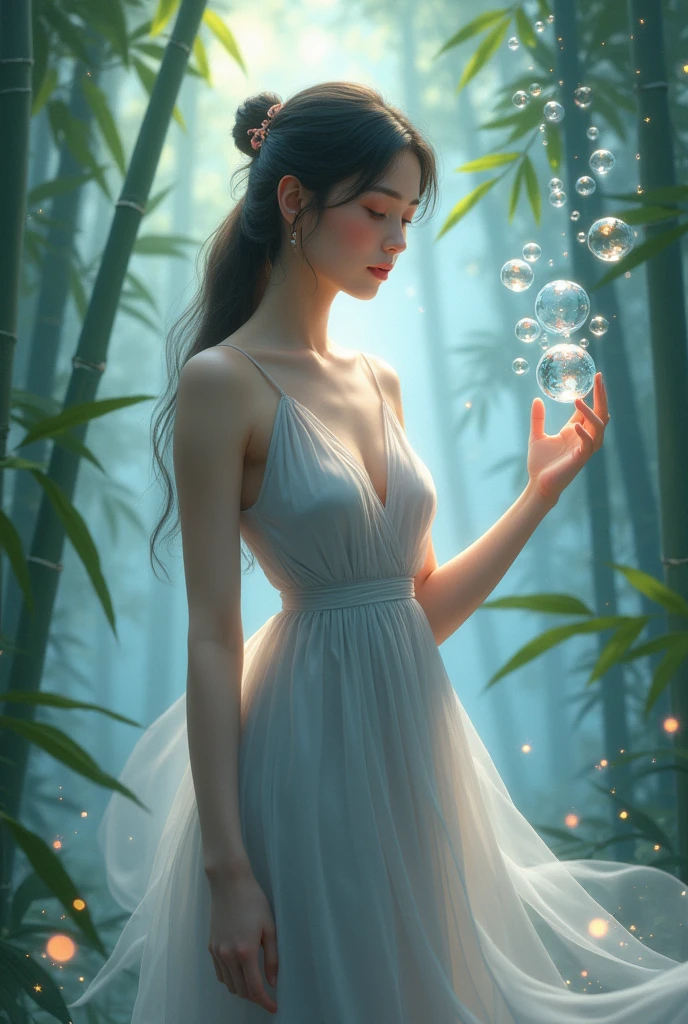 A whimsical scene unfolds in a Loish and Wallop-inspired . A woman, dressed in flowing attire, is the focal point of the composition. She blows ethereal bubbles, their translucent forms suspended in mid-air like delicate jewels. The bubbles' wispy tendrils curl around her fingers, as if drawn to her touch. In the background, a subtle gradient of blues and purples evokes a dreamy atmosphere, reminiscent of Anna Dittmann's style. Water magic swirls around her, with intricate details that invite the viewer to step into this fantastical world. She wears a tight, silver silk dress that hugs her slender body, accentuating her medium chest and toned shoulders. The dress is blown by the gentle tropical island breeze as she stands amidst a serene bamboo forest at dawn.In a softly focused, low-key lit scene, a stunning young woman lies provocatively on a lush flower garden, her off-the-shoulder top accentuating her cleavage and showy shoulders. Her big breasts are prominently displayed, and her plump body curves invitingly. She sports a bob haircut and a seductive gaze, with furrowed eyebrows adding to the mystique. The colorful t-shirt she wears is subtly textured to resemble flowers, while cold light emphasizes the definition of her toned physique. From above, the camera captures her enticing pose, showcasing her big thighs as she lies provocatively amidst the vibrant blooms. Her eyes lock onto the audience, exuding a playful, flirtatious vibe. Her full lips are painted with a subtle red hue, parted in a charming smile that hints at a mischievous personality. The camera captures her in stunning detail, from the transparent white skin to the delicate makeup on her face and the intricate hair details. The scene is bathed in soft, natural light, with a touch of virtual lighting effects to enhance the overall realism.