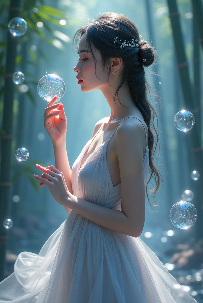 A whimsical scene unfolds in a Loish and Wallop-inspired . A woman, dressed in flowing attire, is the focal point of the composition. She blows ethereal bubbles, their translucent forms suspended in mid-air like delicate jewels. The bubbles' wispy tendrils curl around her fingers, as if drawn to her touch. In the background, a subtle gradient of blues and purples evokes a dreamy atmosphere, reminiscent of Anna Dittmann's style. Water magic swirls around her, with intricate details that invite the viewer to step into this fantastical world. She wears a tight, silver silk dress that hugs her slender body, accentuating her medium chest and toned shoulders. The dress is blown by the gentle tropical island breeze as she stands amidst a serene bamboo forest at dawn.In a softly focused, low-key lit scene, a stunning young woman lies provocatively on a lush flower garden, her off-the-shoulder top accentuating her cleavage and showy shoulders. Her big breasts are prominently displayed, and her plump body curves invitingly. She sports a bob haircut and a seductive gaze, with furrowed eyebrows adding to the mystique. The colorful t-shirt she wears is subtly textured to resemble flowers, while cold light emphasizes the definition of her toned physique. From above, the camera captures her enticing pose, showcasing her big thighs as she lies provocatively amidst the vibrant blooms. Her eyes lock onto the audience, exuding a playful, flirtatious vibe. Her full lips are painted with a subtle red hue, parted in a charming smile that hints at a mischievous personality. The camera captures her in stunning detail, from the transparent white skin to the delicate makeup on her face and the intricate hair details. The scene is bathed in soft, natural light, with a touch of virtual lighting effects to enhance the overall realism.