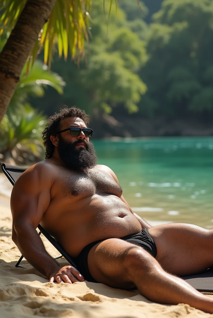 Young strong Bolivian man, huge, hairy and bearded, wearing a black thong, lying on the sand of the beach with glasses on his face, enjoying the sun on the banks of a lagoon surrounded by greenery.