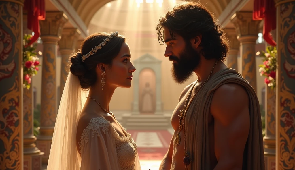 a greek woman talking to a young greek Shepherd with beard with a little masculine body standing in a wedding background where a few renaissance , cinematic