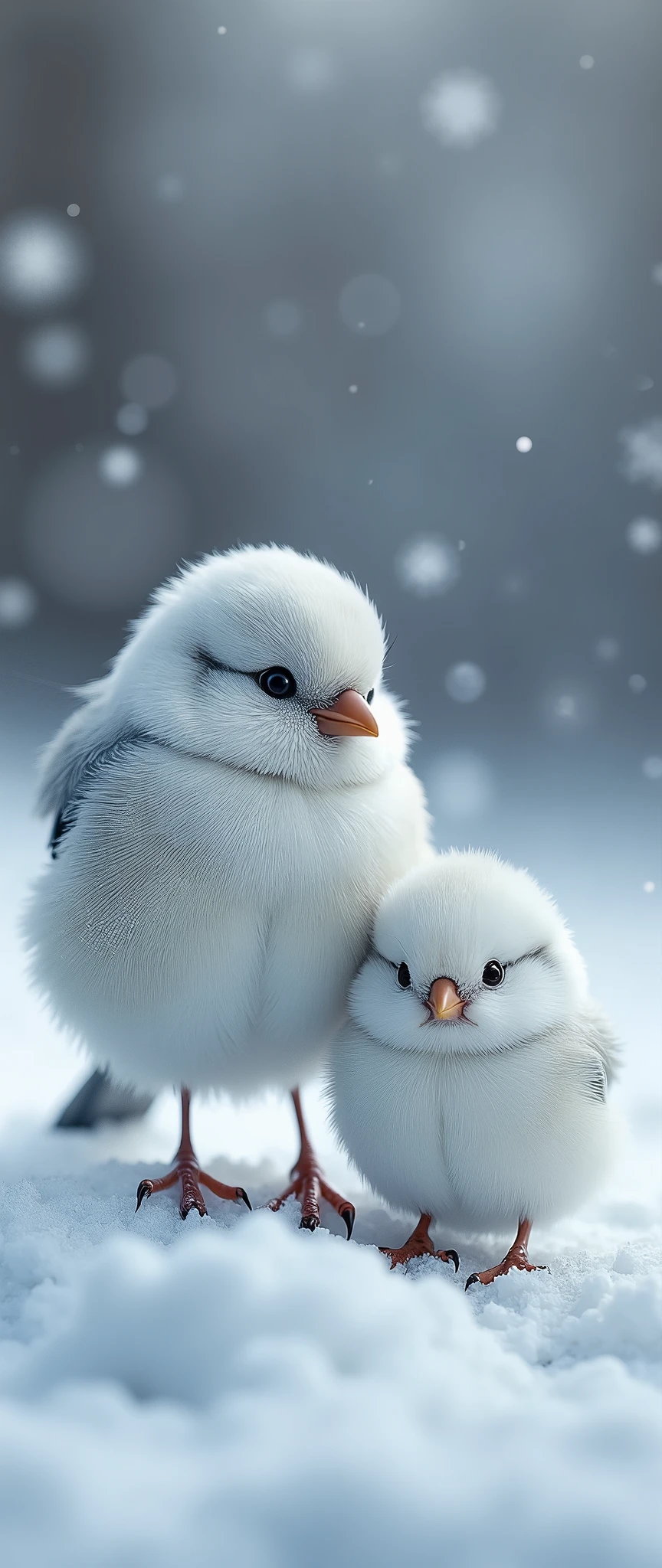 (masterpiece:1.2,Exceptional Quality,mirror-like,Cinematic Experience,Photorealistic,RAW Photos,Super detailed),8k,wallpaper,White Bird,Very small,snowの妖精,Long-tailed Tit,Round body,snow国に生息,snow,cute,perch,2 birds,Parent and Child,Diamond dust,snowの輝き