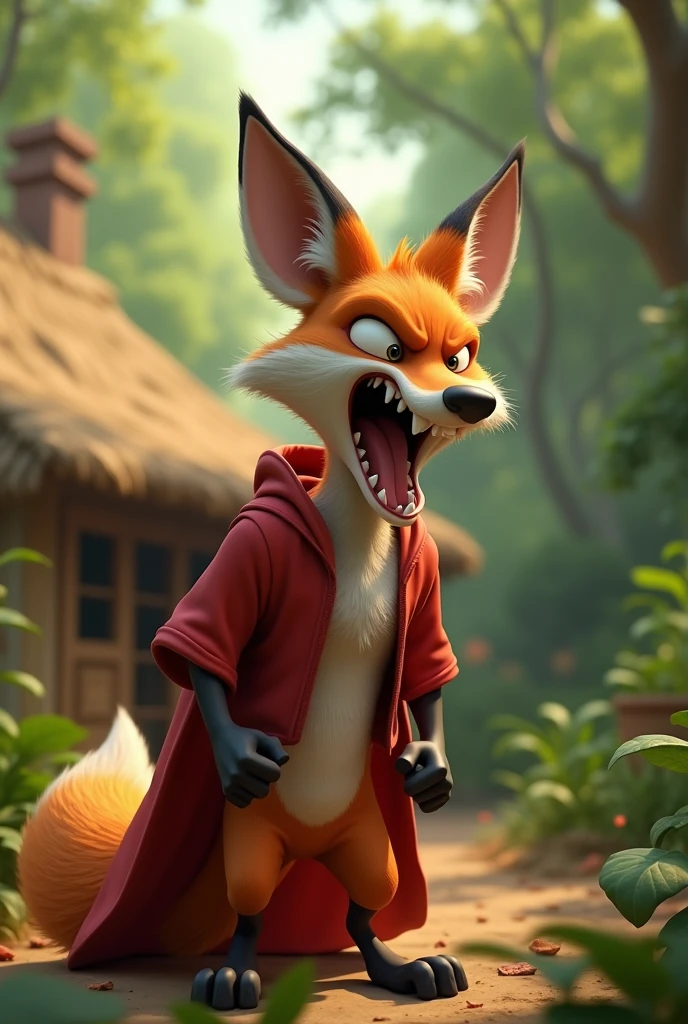 closeup sideview 3D illustration, (1male fox:1.2), (eyes closed), (swollen open mouth), (cinematic pose), (angry swollen face), (blowing air from mouth with full force expression:1.3), wearing a red cape and a red hoodie standing and slightly bent on its too feet like a cartoon character, (bent body), (blowing air from mouth with full effort), lean build, (clenched fists), (disproportionate body long nose and mouth), (blowing air from mouth with full effort), (realistic fur texture), (jungle background:1.4), blowing air at the door of a straw house, sunlight filtering through the trees, (soft lighting:1.3), (green and earthy color scheme:1.3), (highly detailed), (ultra quality:1.3), (masterpiece), (digital art), 8K resolution, HDR, depth of field, (soft shadows), (photorealistic:1.3), (animation:1.2), (by Greg Rutkowski:0.9), (in the style of Alphonse Mucha), trending on ArtStation, award-winning art