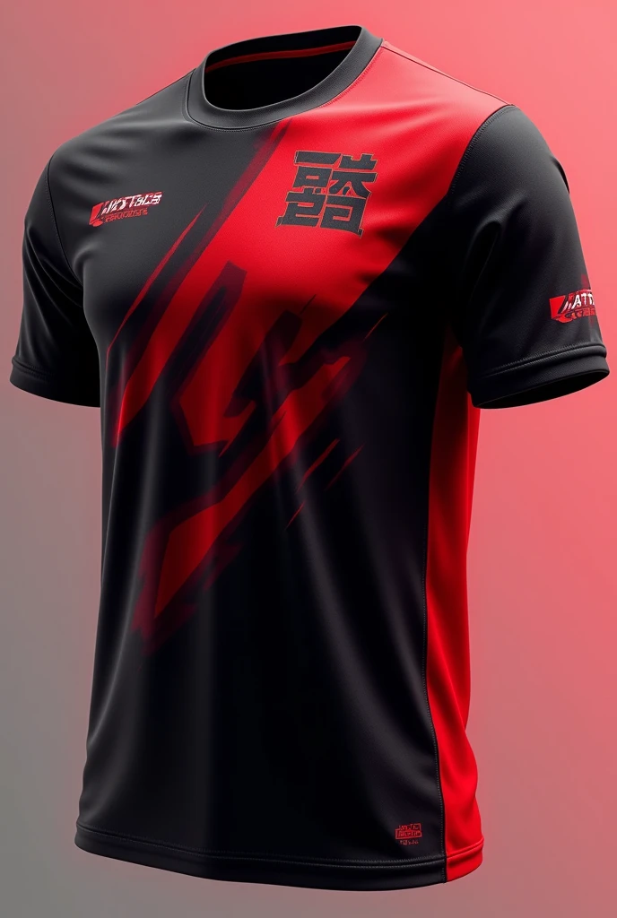 A cool black and red ombre effect style E sports squad t shirt with 强 as the squad logo