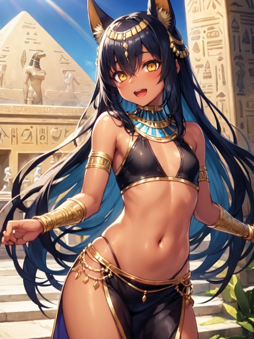 (SLE, mksks style, detailed background:1.1), (solo:1.3), girl, dark skin, ornate egyptian dress, long hair, black hair, beautiful hair, hair over eye, yellow_eyes, happy, portait, head tilt, volumetric lighting, (outdoor:1.3), egyptian house, colorful, flat chest, female anubis, egyptian clothes, egyptian mythology, see-through, teen, lewd outfit, young, (young girl), , (very g girl), small girl, skimpy outfit, midriff, nsfw, lewd, slutty facial expression, dancing, open mouth, (dark skin),