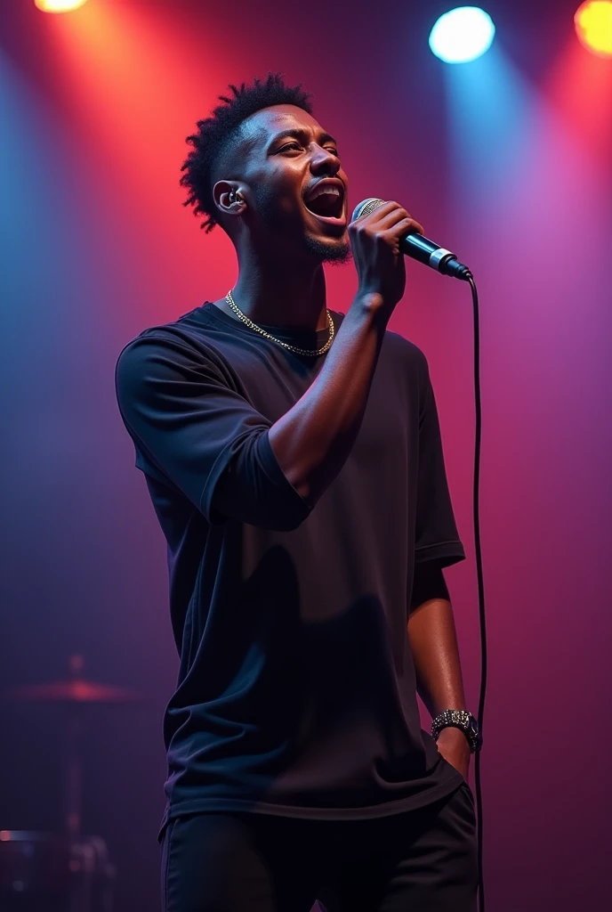 Jeune et beau noir, de 22 ans . artiste musicien , une coiffure tapers dégradé, le micro de face et 
avec  émotions, sur scène.
