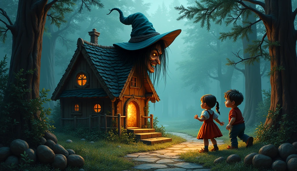 Hansel and Gretel. The Witch's Appearance, Pine Needles, Temptation, and Sumptuous Meals in the House.