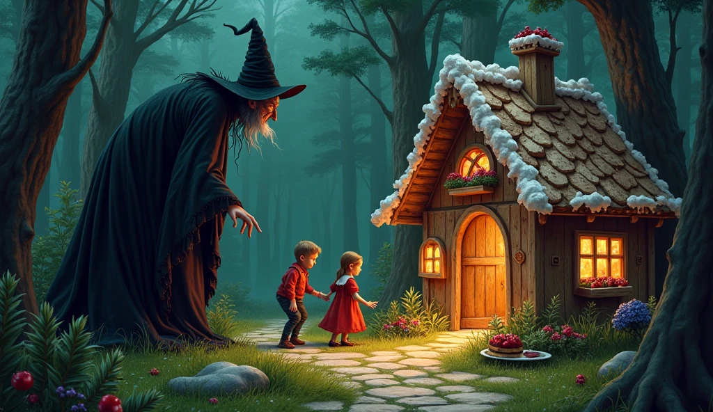 Hansel and Gretel. The Witch's Appearance, Pine Needles, Temptation, and Sumptuous Meals in the House.