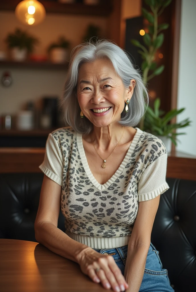 Osaka's aunt、Organic Photography、highest quality、masterpiece、Ultra-high resolution、Beautiful Japanese old lady、70 years old、Looking at the audience、Elegant face、Toothy smile、Big Breasts、Wearing a short-sleeved knit with an animal print、Medium long wavy hair、mini skirt、Earrings、A corner of a coffee shop