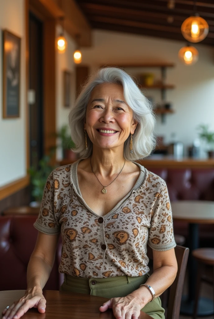 Osaka's aunt、Organic Photography、highest quality、masterpiece、Ultra-high resolution、Beautiful Japanese old lady、70 years old、Looking at the audience、Elegant face、Toothy smile、Big Breasts、Wearing a short-sleeved knit with an animal print、Medium long wavy hair、mini skirt、Earrings、A corner of a coffee shop