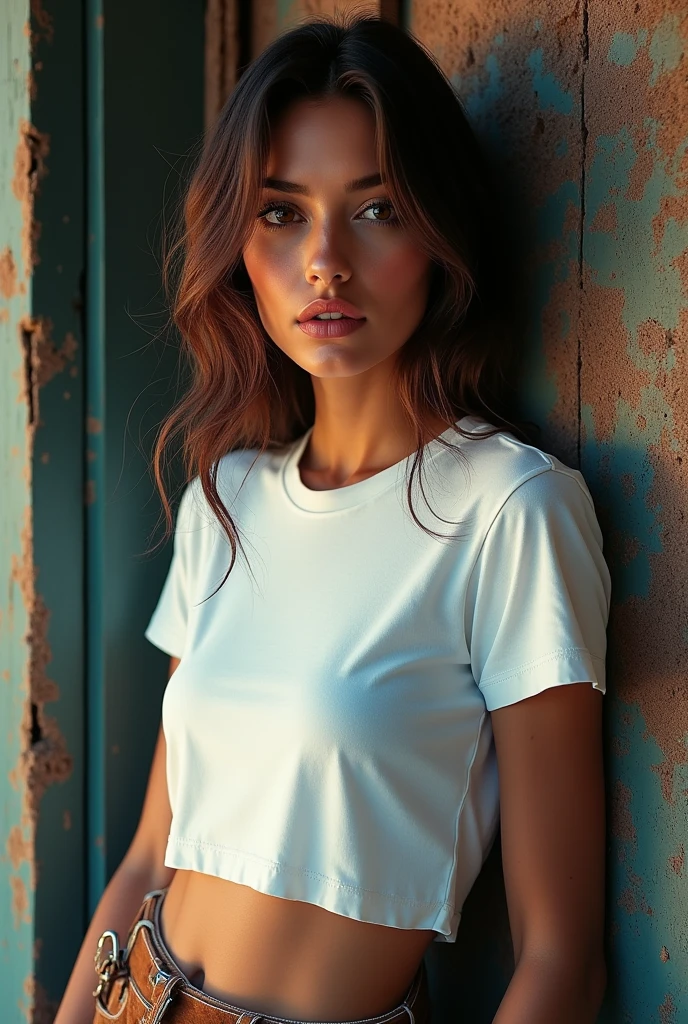 A female model wearing a white t-shirt, posing in various dynamic poses, (best quality,4k,8k,highres,masterpiece:1.2),ultra-detailed,(realistic,photorealistic,photo-realistic:1.37),beautiful detailed eyes,beautiful detailed lips,extremely detailed eyes and face,longeyelashes,photorealistic portrait,fashion photography,vibrant colors,dramatic lighting,intricate background with text "KABIRAN Styles" in english
