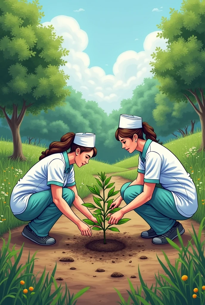 Drawing for climate action with nurses planting tress 
