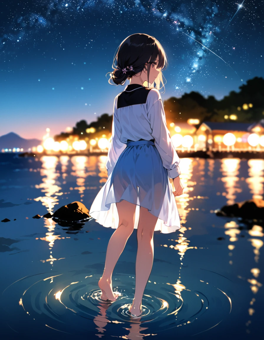 (close up:1.4)、(RAW photos:1.2)、(Reality:1.4)、(masterpiece:1.3)、(best quality:1.4)、Japanese Girls、(Night view:1.2)、Thin clothes、pretty girl、Put one foot in the sea、Stand on tiptoe、landscape、Between the horizon and the sea、looking off to the side、Ripples spread from the toes、Stand about 20 meters away、on the sea、The whole scene sparkles、illumination、Blurred foreground,Motion Blur,Background blur,Clear focus