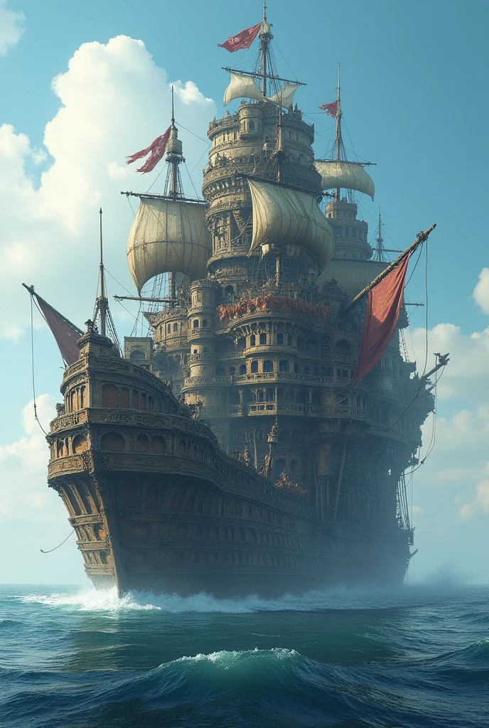 empilement de plusieurs centaines de navires pirates les uns sur les autres forment une forment une forteresses. Le tout sur l'eau.