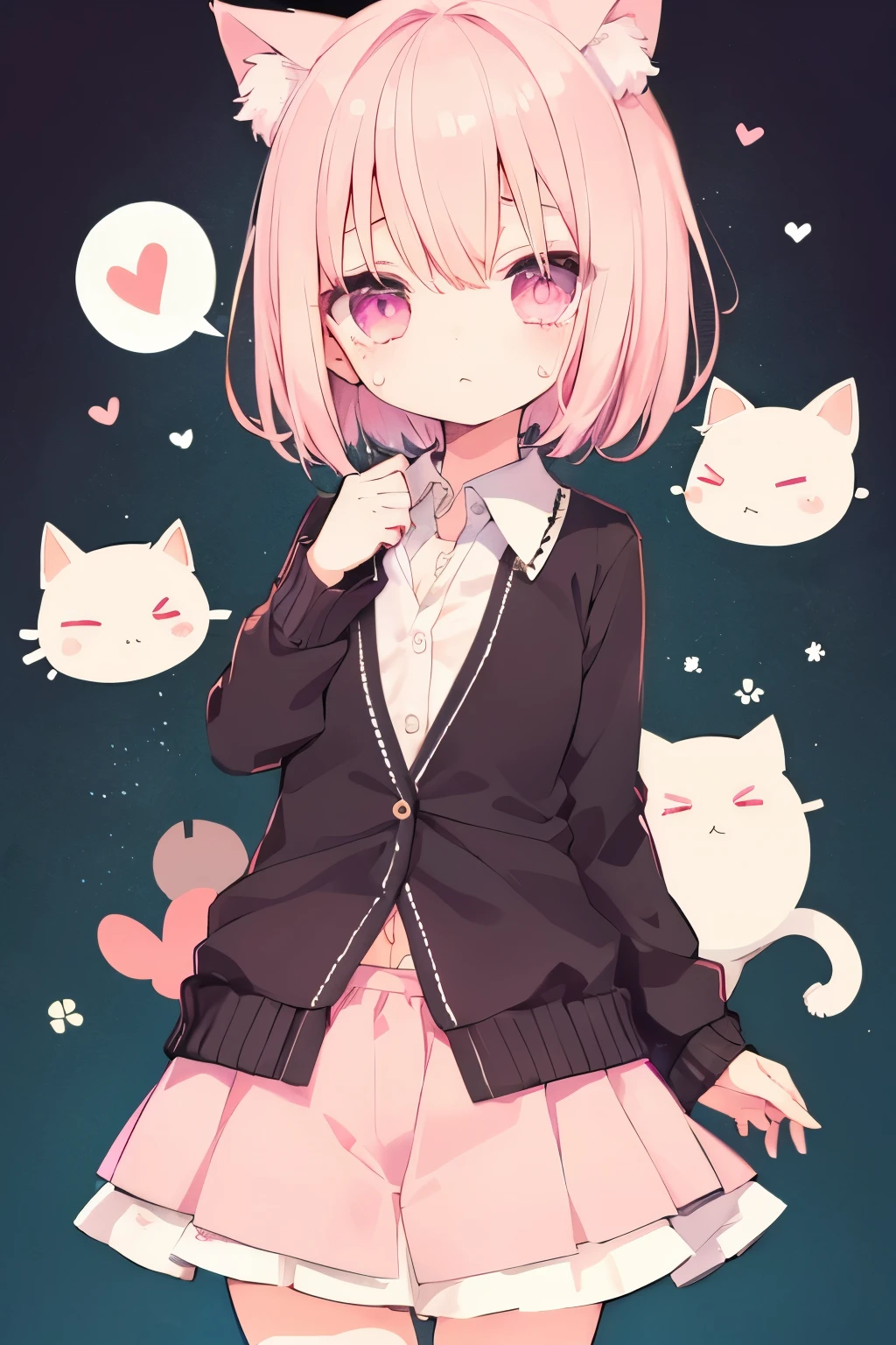 NSFW,short, Light pink inner color hair、cardigan、Pink Skirt、Putting on a collar、、Very beautiful and Shining Eyes、Shining Eyes、1 person、Cat ear、(((((Small body)))))、heart❤、((Sweat、vapor)）