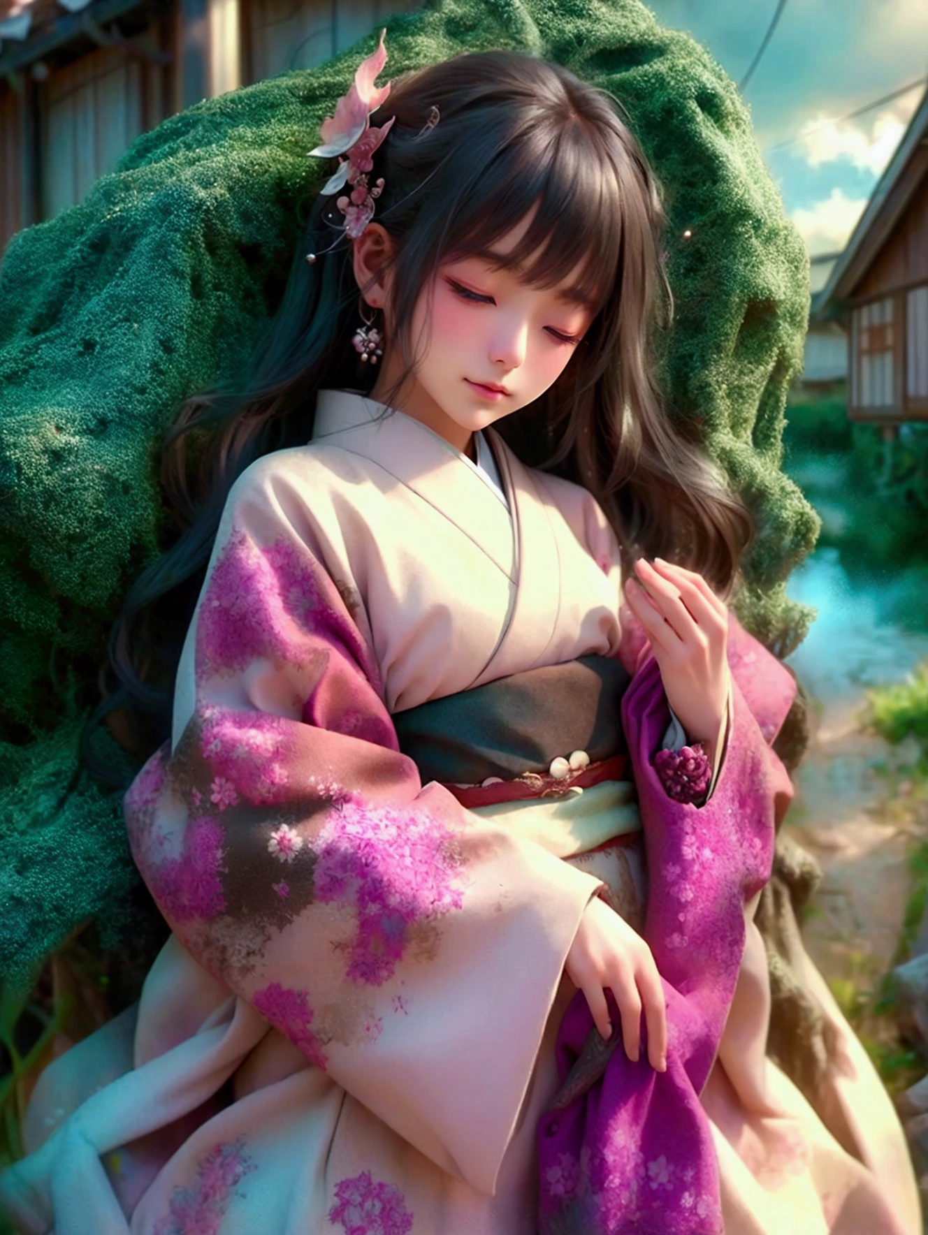 A mystical and divine image captured from an overhead perspective with a wide-angle lens, featuring a beautiful woman standing gracefully against a backdrop of a sea of clouds. She is wearing a traditional Japanese kimono, intricately detailed with delicate patterns, flowing elegantly as she spreads her arms wide open, creating a sense of serenity and power. The kimono’s fabric softly billows in the wind, with the colors blending harmoniously with the ethereal sky. The woman’s face is calm and composed, her eyes gently closed or gazing forward with a subtle, serene smile. Her long hair flows gracefully, adding to the otherworldly atmosphere. The background of the vast cloudscape is bathed in soft, heavenly light, enhancing the divine quality of the scene. The overall image radiates a sense of peace, spirituality, and timeless beauty, capturing the essence of traditional Japanese elegance in a surreal and awe-inspiring setting.